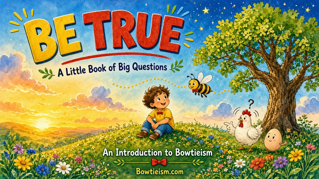 Be True: A Little Book of Big Questions cover banner: a curious child on a flowery hill with a bee in a bow tie, a chicken and an egg under a big tree