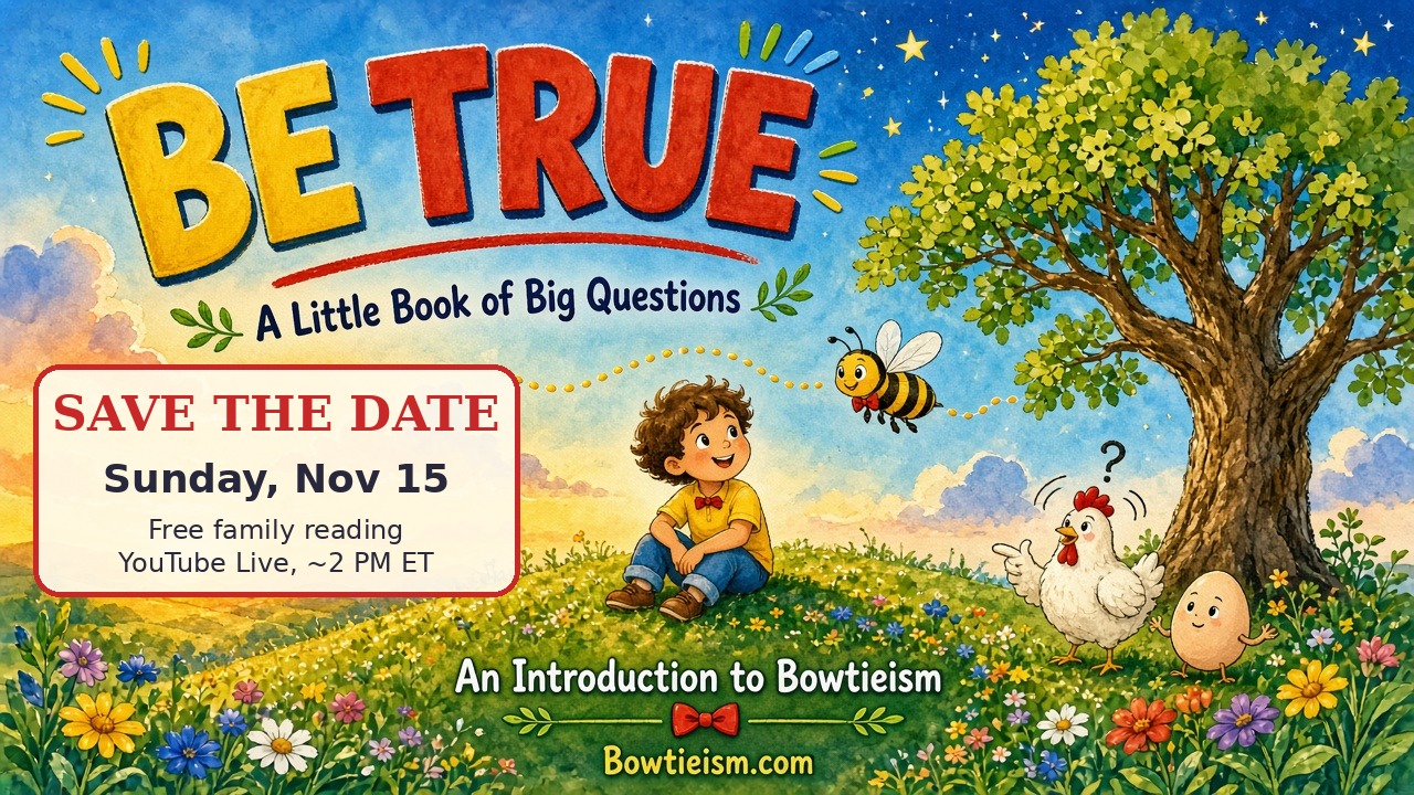 Be True illustration: child, bee, chicken and egg on a sunny hill